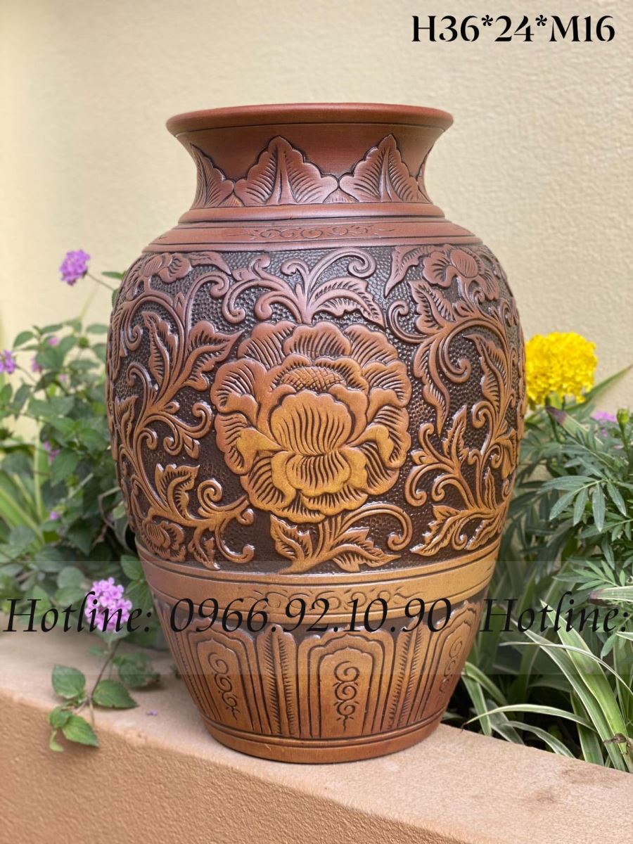 Lọ gốm mộc khắc phù dung H36cm sang trọng, quà tặng ý nghĩa