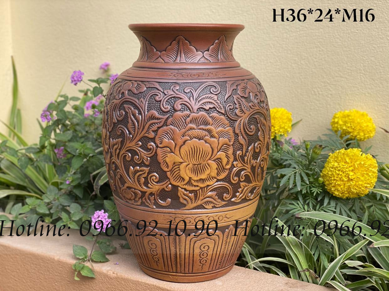 Lọ gốm mộc khắc phù dung H36cm sang trọng, quà tặng ý nghĩa