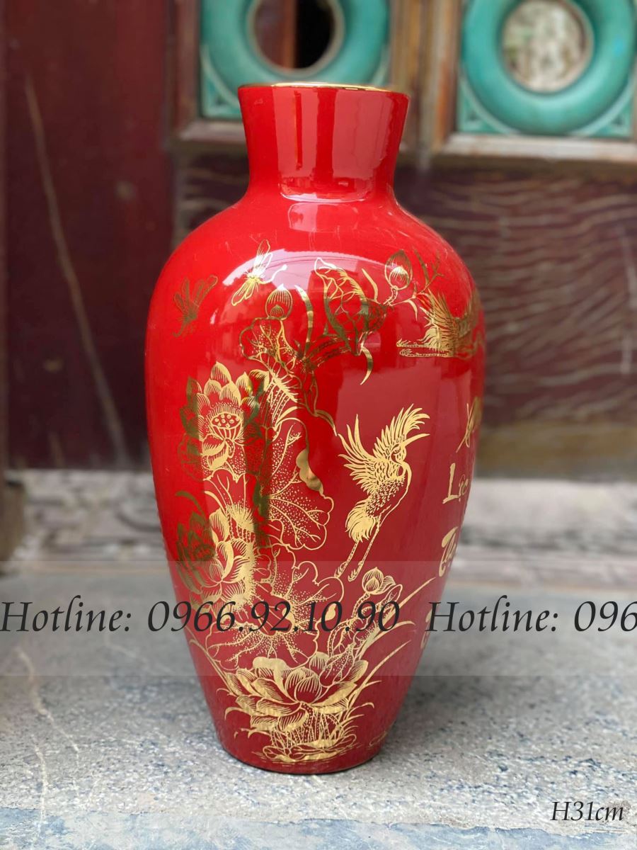 Lọ hoa gốm sứ H31cm họa tiết SEN HẠC sang trọng nhiều màu