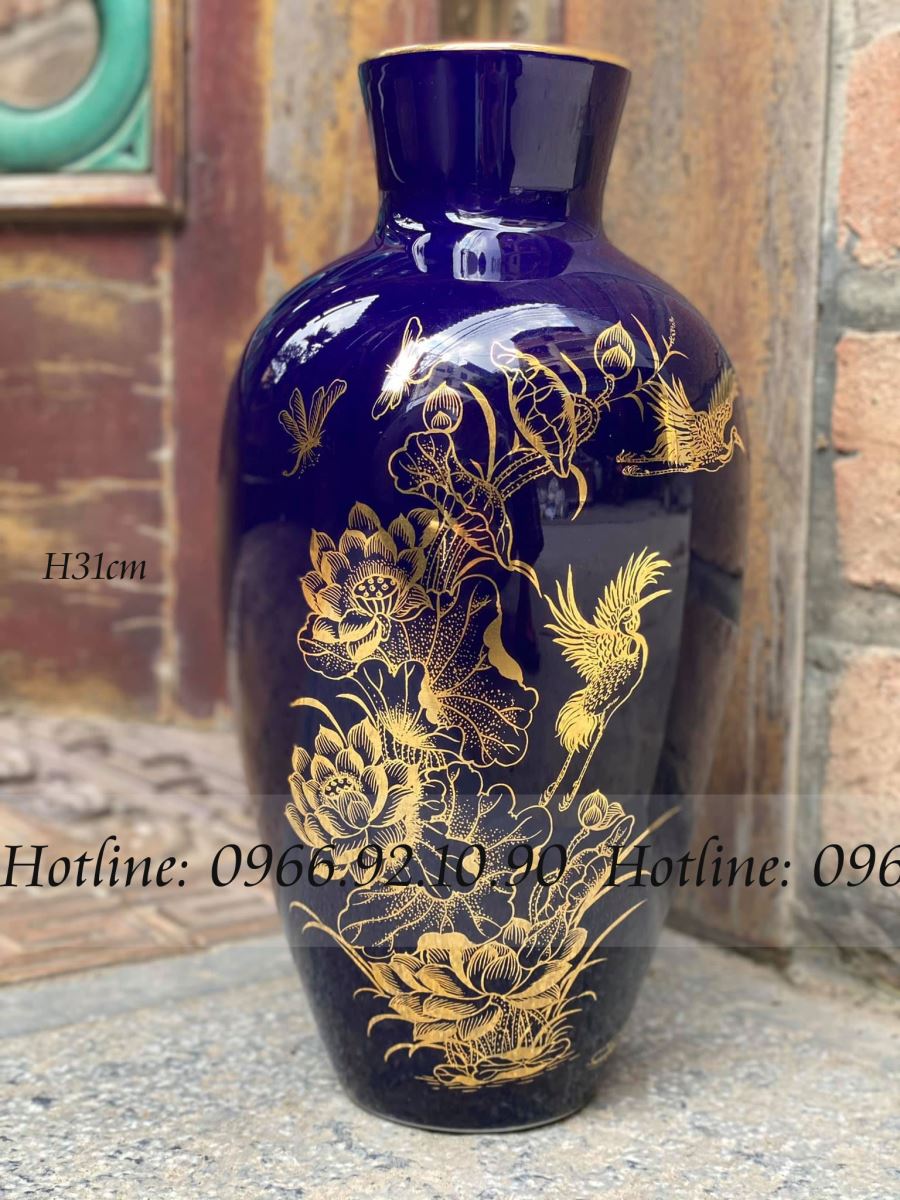 Lọ hoa gốm sứ H31cm họa tiết SEN HẠC sang trọng nhiều màu 