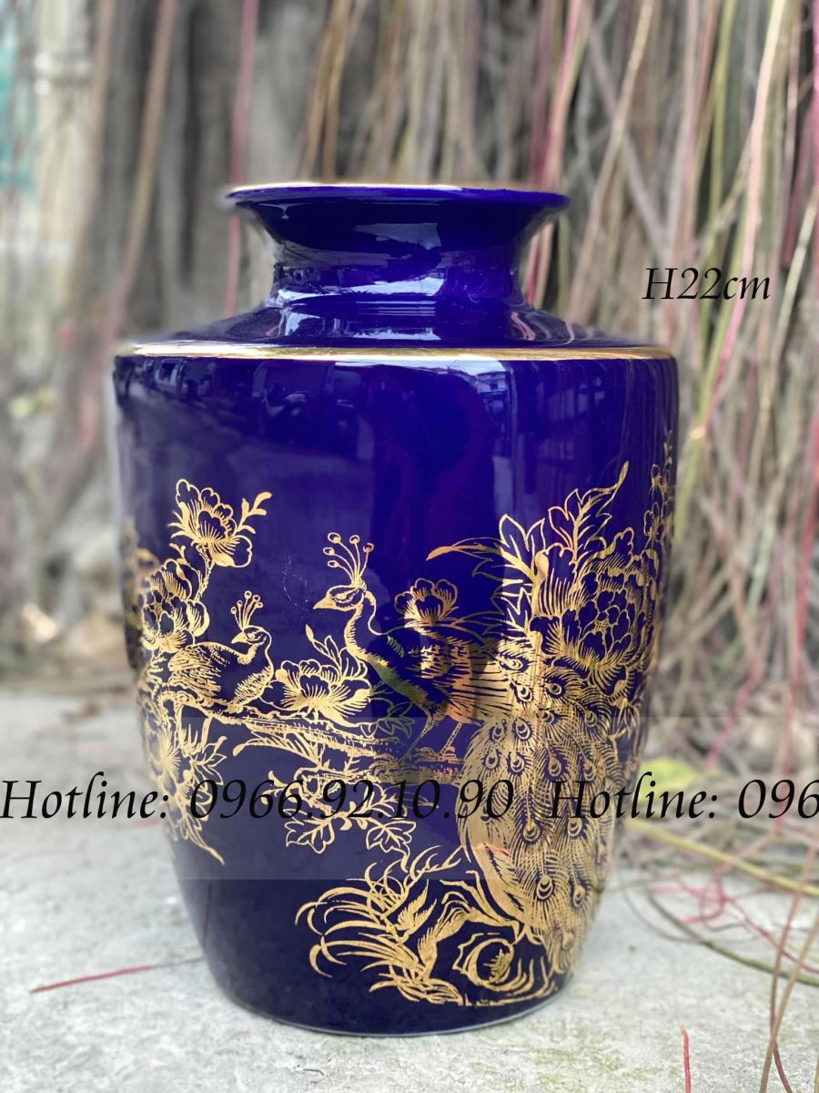 Lọ vai vuông vàng kim chim công H22cm quà tặng phong thủy may mắn