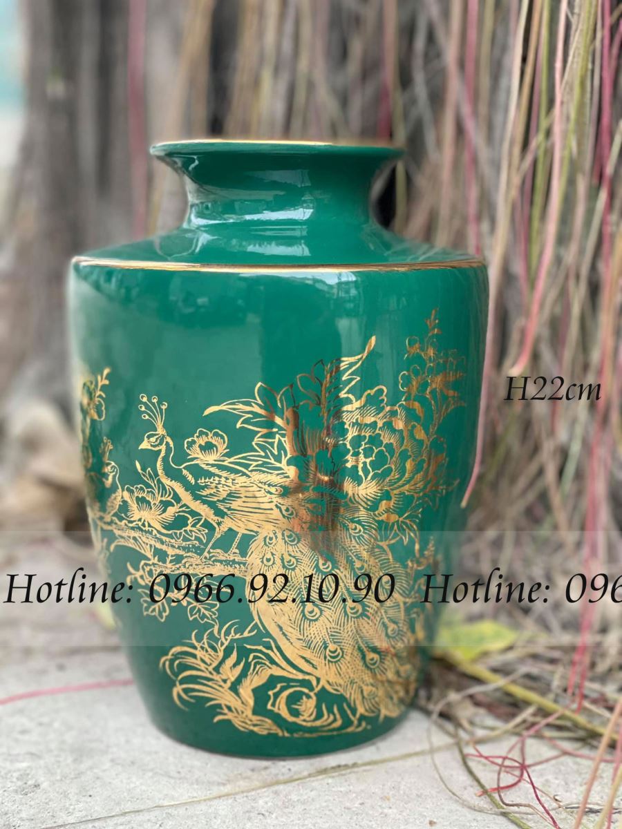 Lọ vai vuông vàng kim chim công H22cm quà tặng phong thủy may mắn