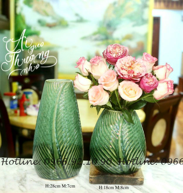 Set lọ gân lá xanh ngọc 2 bình gốm sứ Bát Tràng đẹp