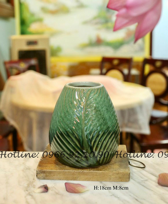Set lọ gân lá xanh ngọc 2 bình gốm sứ Bát Tràng đẹp
