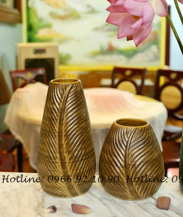 Set lọ gân lá men nâu mộc gốm Bát Tràng đẹp sang trọng