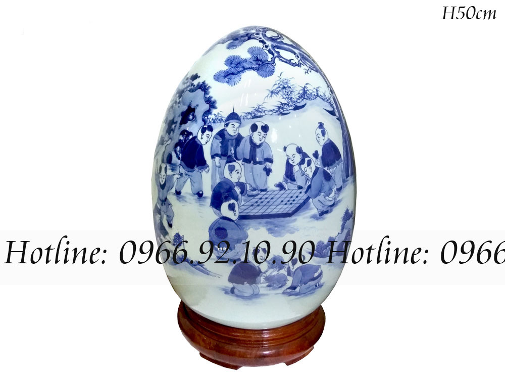 Trứng men lam bách nhi họa tiết đẹp cao 50cm trang trí nhà độc đáo