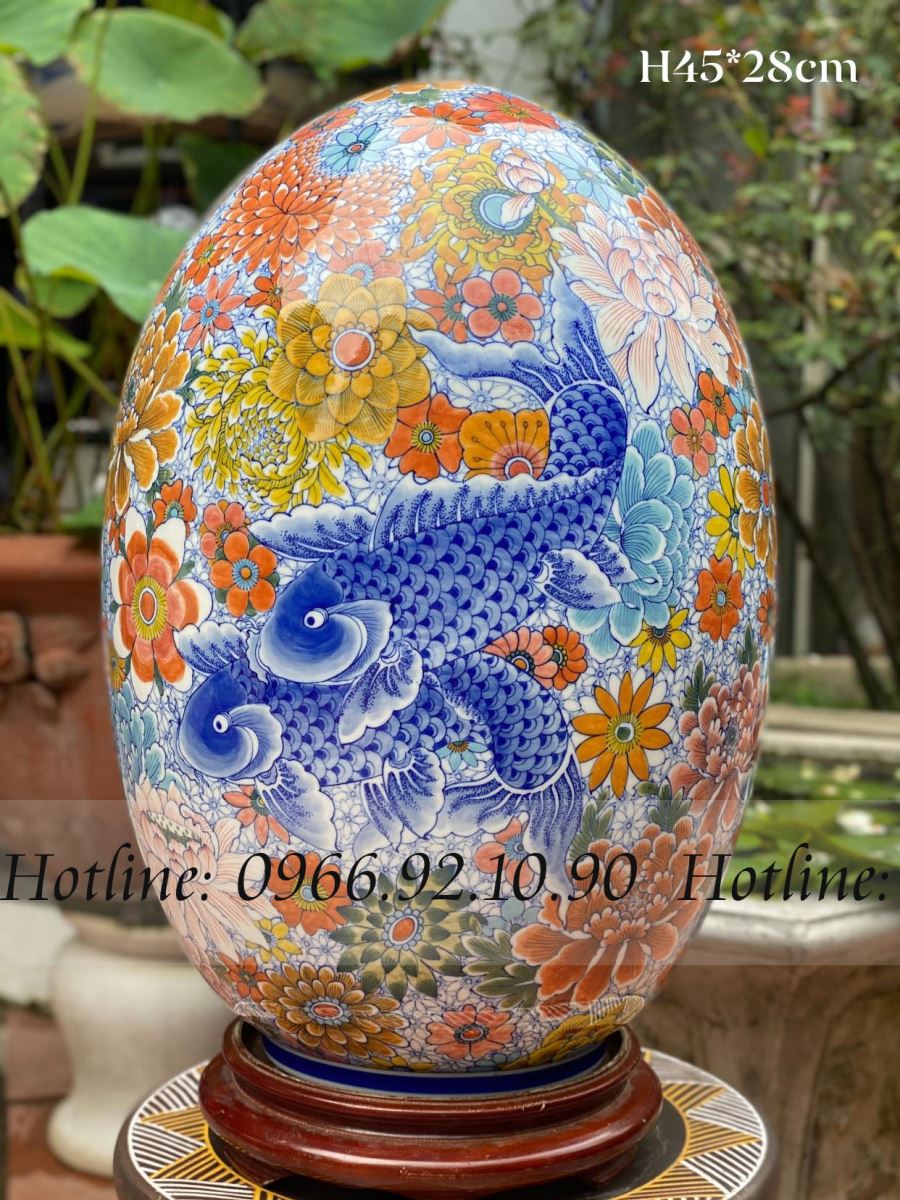 Trứng phong thủy cao cấp Cá Phú Quý Men lam cổ H45cm sang trọng