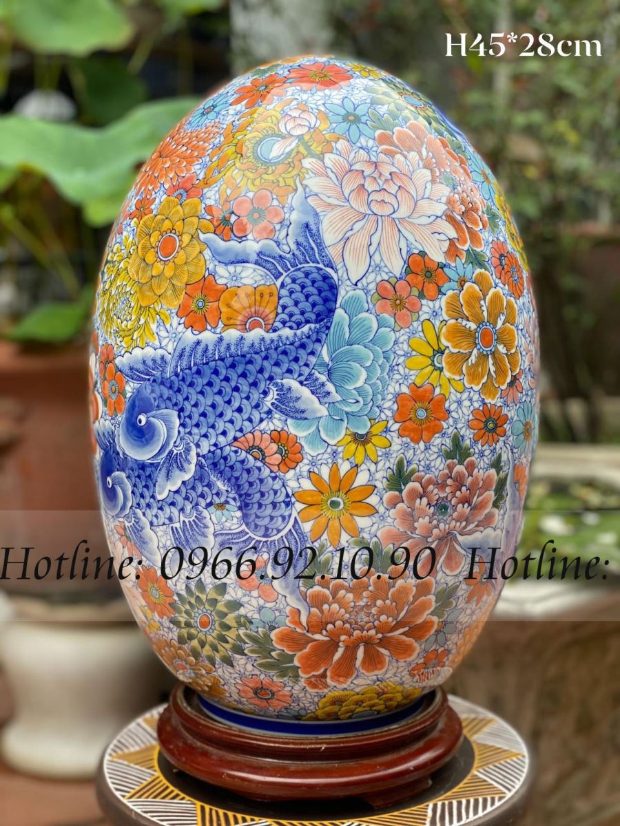 Trứng phong thủy cao cấp Cá Phú Quý Men lam cổ H45cm sang trọng