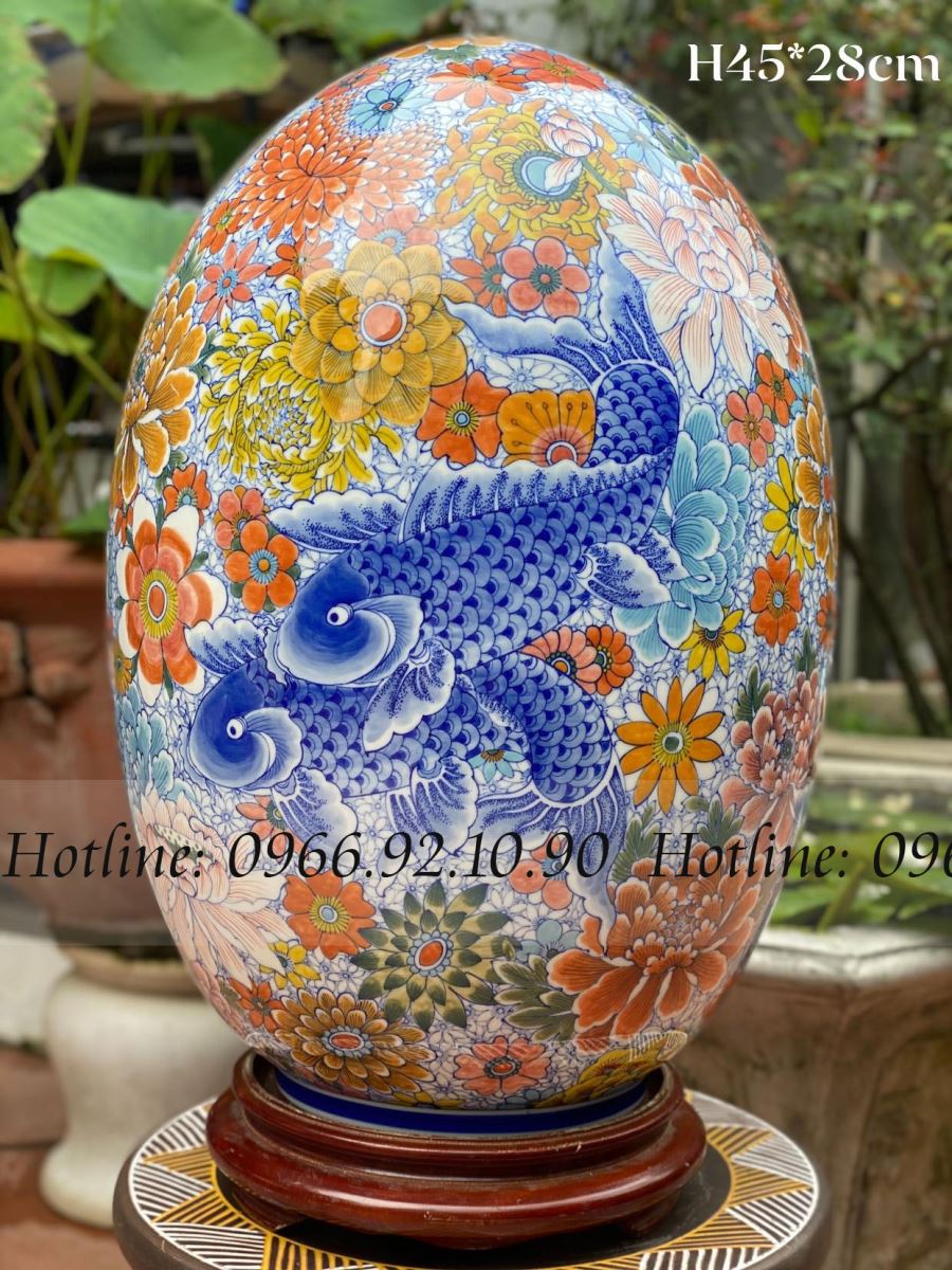 Trứng phong thủy cao cấp Cá Phú Quý Men lam cổ H45cm sang trọng