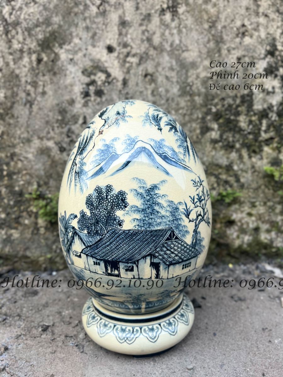 Quả trứng phong thủy Bát Tràng gốm sứ cao cấp, họa tiết sơn thủy, tặng đế sang trọng