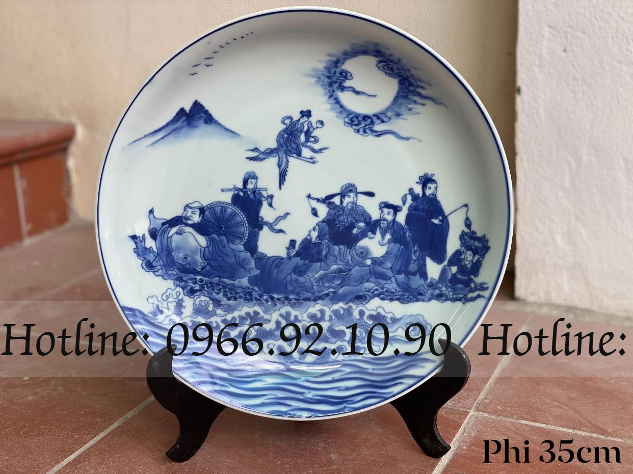 Đĩa men lam Bát Tiên Phi 35cm Gốm sứ Bát Tràng đẹp sang