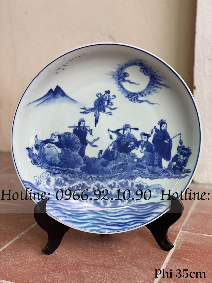 Đĩa men lam Bát Tiên Phi 35cm Gốm sứ Bát Tràng đẹp sang