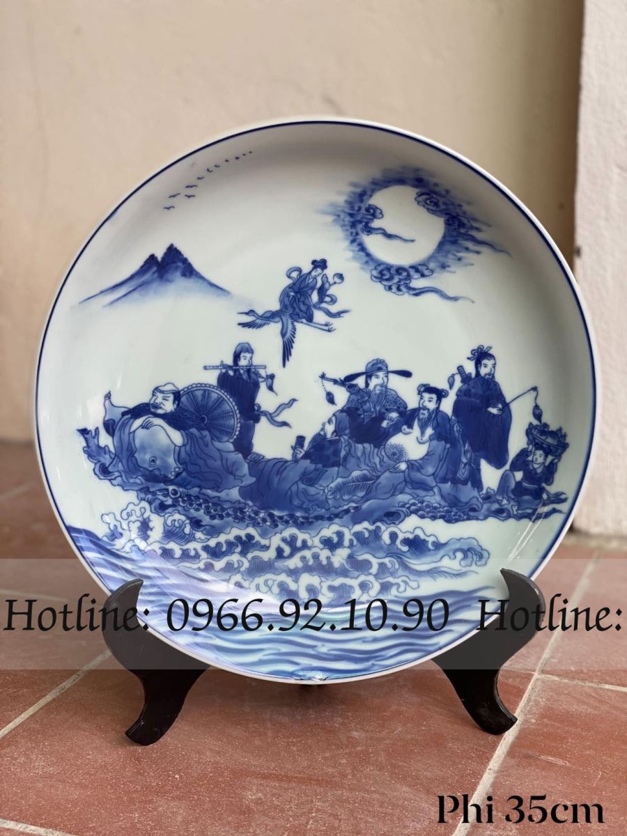 Đĩa men lam Bát Tiên Phi 35cm Gốm sứ Bát Tràng đẹp sang