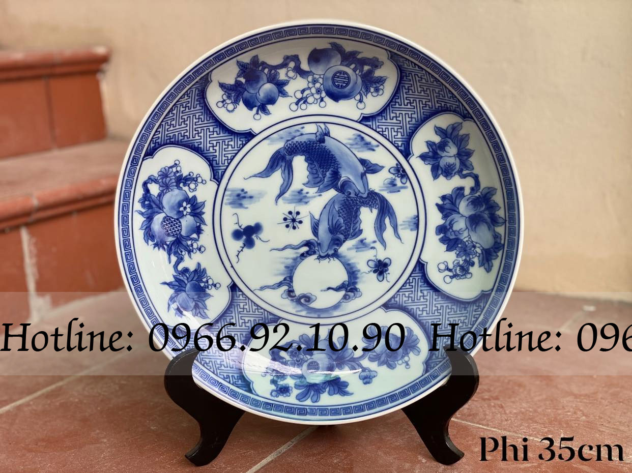 Đĩa Men Lam Cá Chép Trông Trăng Phi 35cm Trang Trí Sang Trọng, Quà Tặng Ý Nghĩa