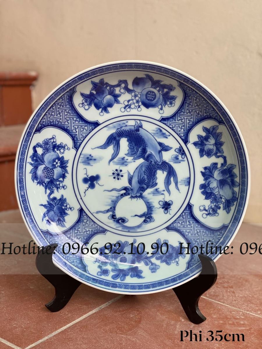 Đĩa Men Lam Cá Chép Trông Trăng Phi 35cm Trang Trí Sang Trọng, Quà Tặng Ý Nghĩa