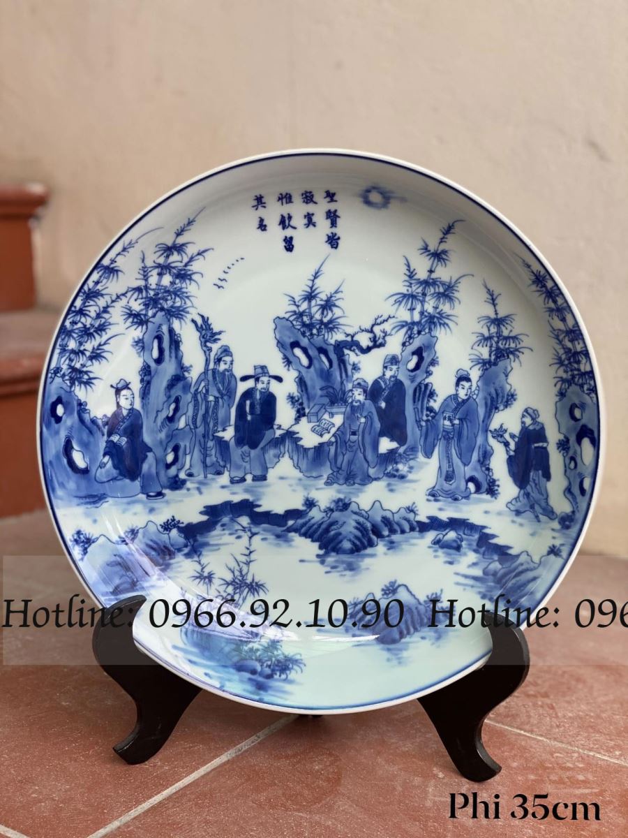Đĩa men lam Trúc Lâm Thất Hiền Bát Tràng phi 35cm đẹp độc đáo