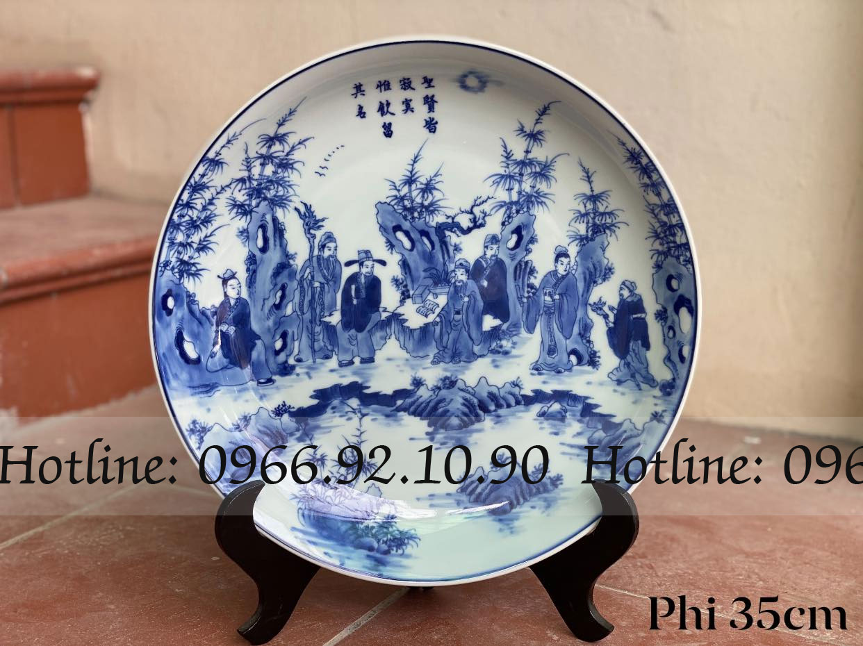Đĩa men lam Trúc Lâm Thất Hiền Bát Tràng phi 35cm đẹp độc đáo