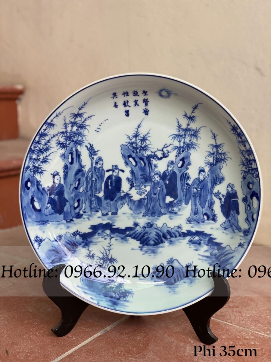 Đĩa men lam Trúc Lâm Thất Hiền Bát Tràng phi 35cm đẹp độc đáo