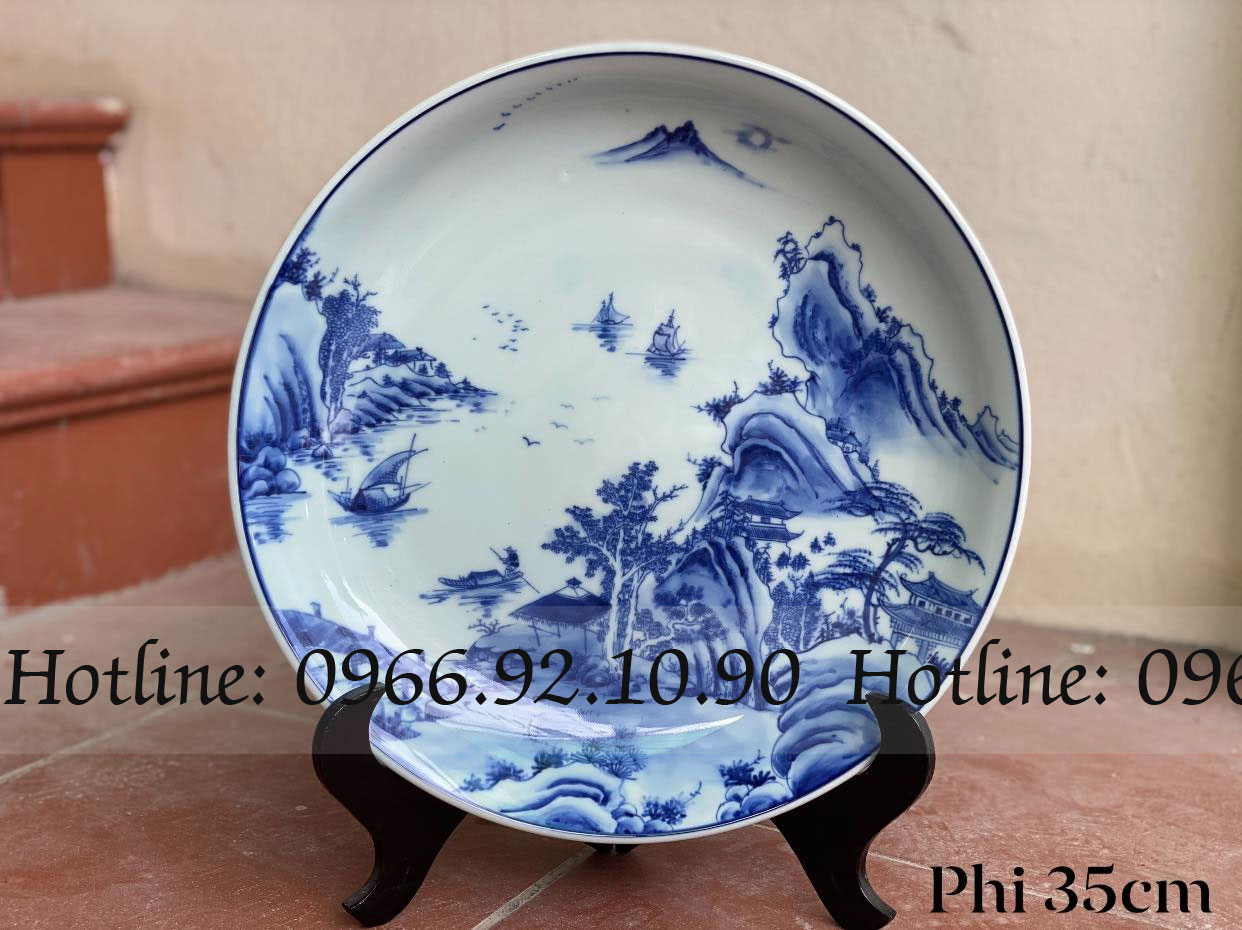 Đĩa sơn thủy men lam cổ Phi 35 Bát Tràng đẹp sang trọng