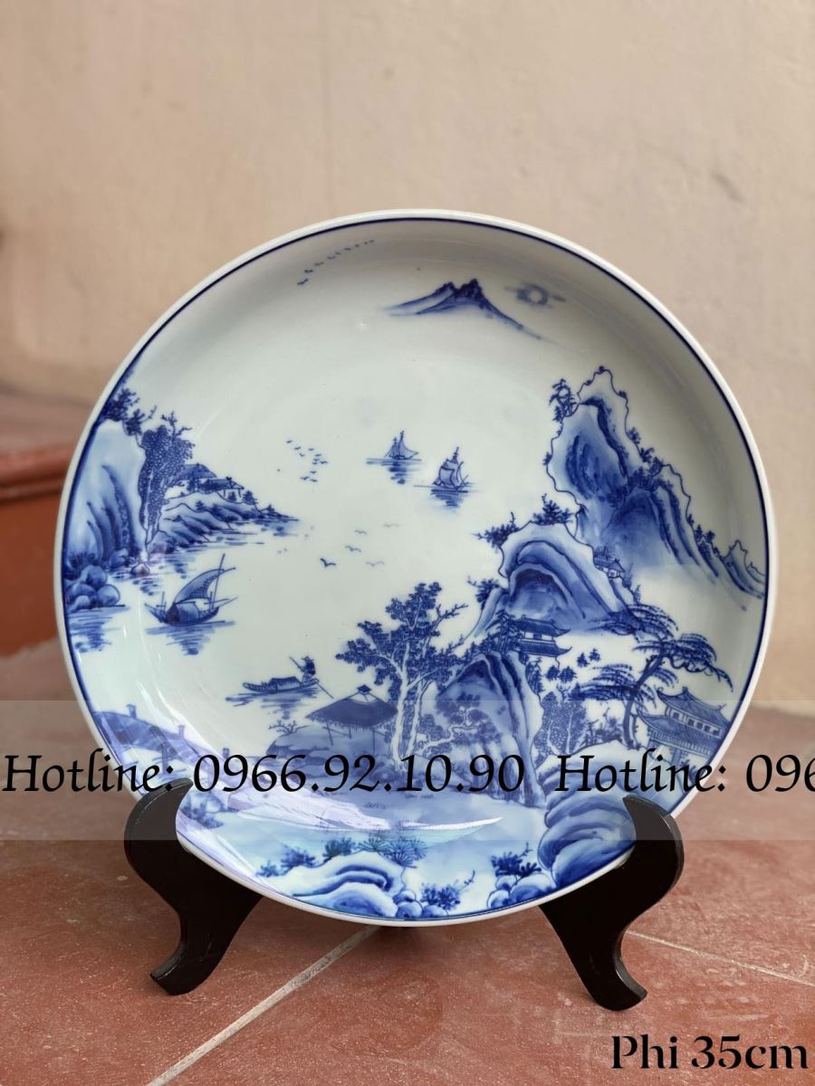 Đĩa sơn thủy men lam cổ Phi 35 Bát Tràng đẹp sang trọng