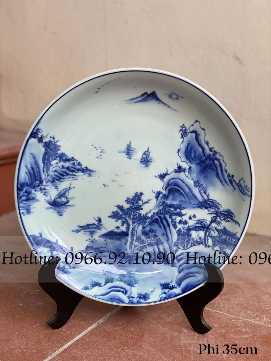 Đĩa sơn thủy men lam cổ Phi 35 Bát Tràng đẹp sang trọng 
