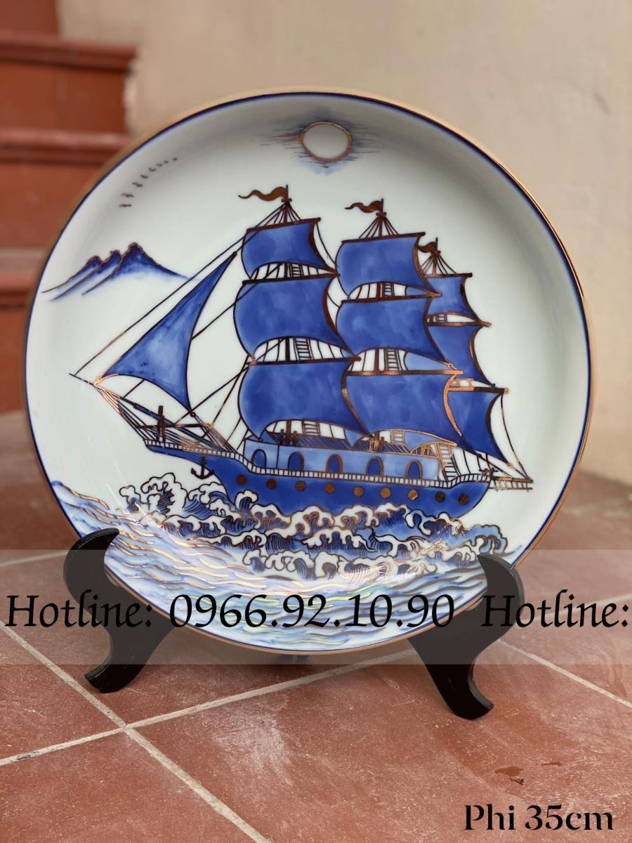 Đĩa cảnh Thuận Buồm Xuôi Gió Phi 35cm men lam vẽ vàng sang trọng