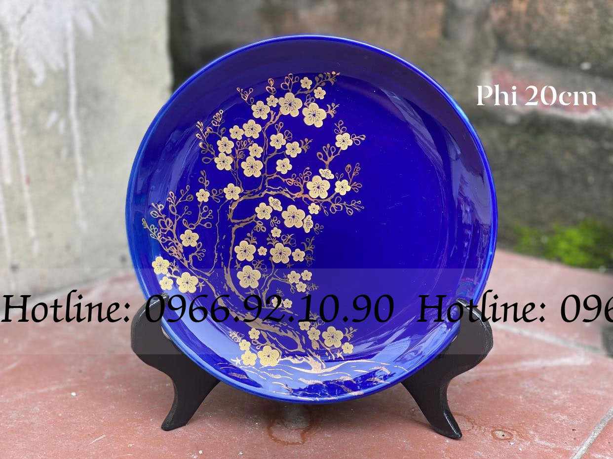 Đĩa trang trí hoa đào xanh coban Bát Tràng Đường kính 20cm quà tặng sang trọng