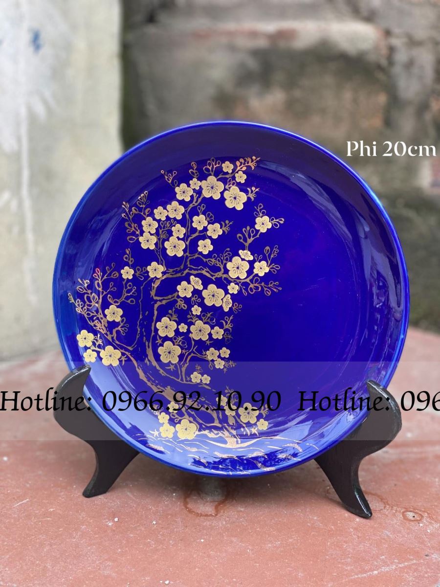 Đĩa trang trí hoa đào xanh coban Bát Tràng Đường kính 20cm quà tặng sang trọng