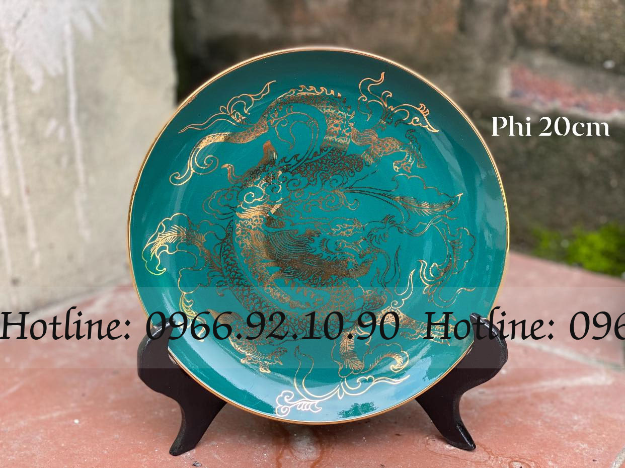 Đĩa cảnh hình rồng men xanh lục Phi 20cm quà tặng phòng khách sang