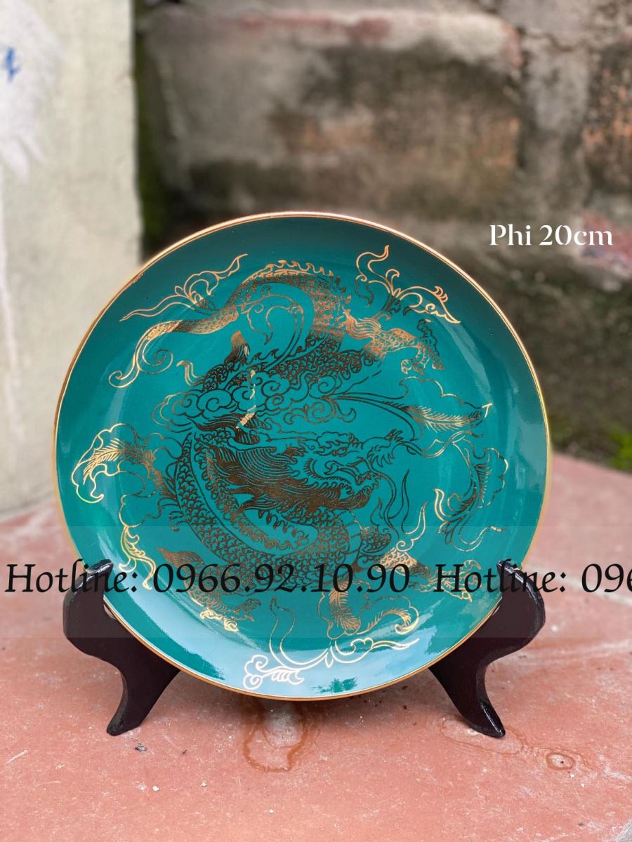 Đĩa cảnh hình rồng men xanh lục Phi 20cm quà tặng phòng khách sang 