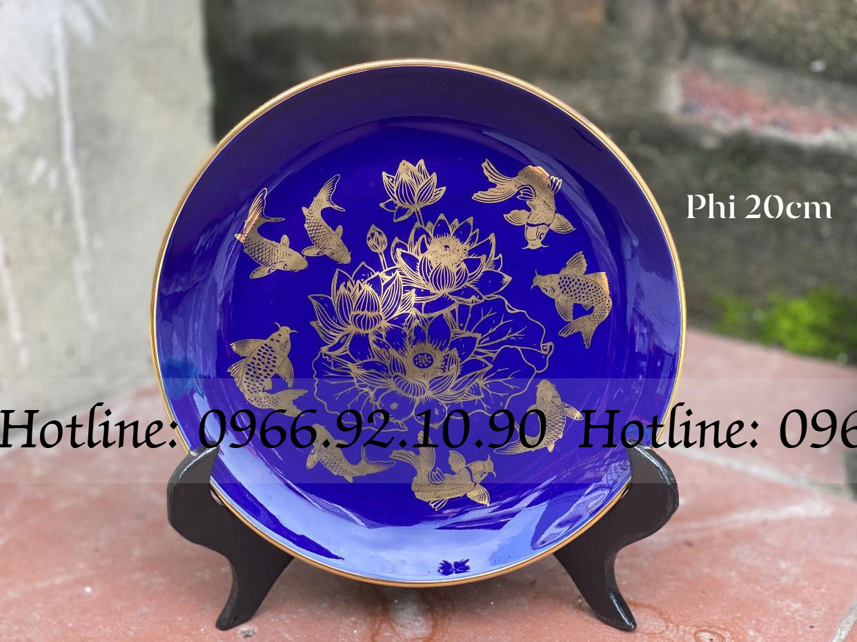 Đĩa cảnh Cửu Ngư xanh coban Bát Tràng đẹp Tặng quà ý nghĩa