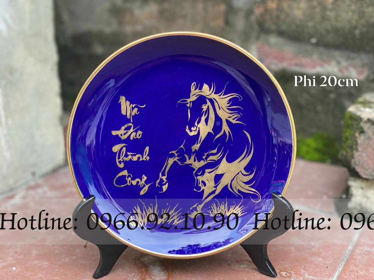 Đĩa cảnh Mã Đáo Thành Công xanh coban 20cm quà tặng Bát Tràng
