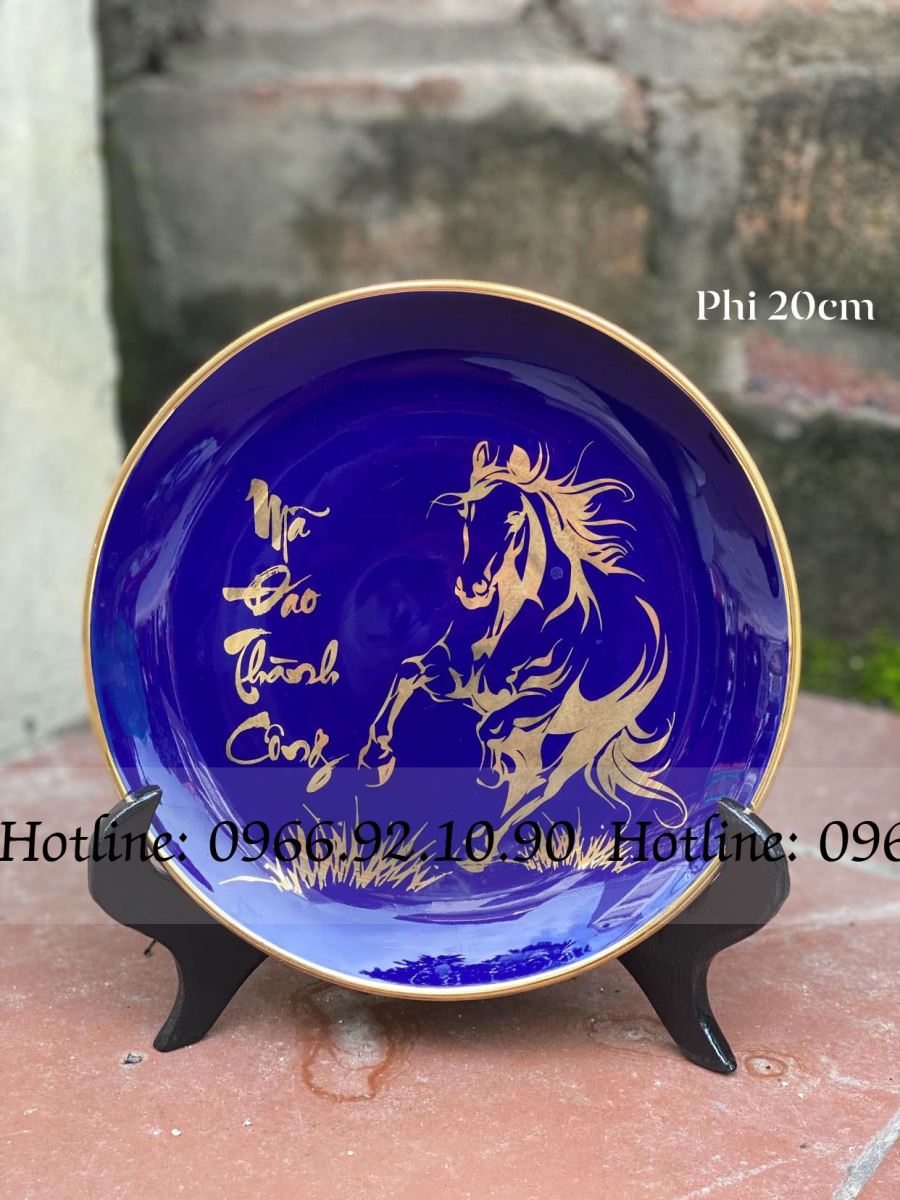 Đĩa cảnh Mã Đáo Thành Công xanh coban 20cm quà tặng Bát Tràng 