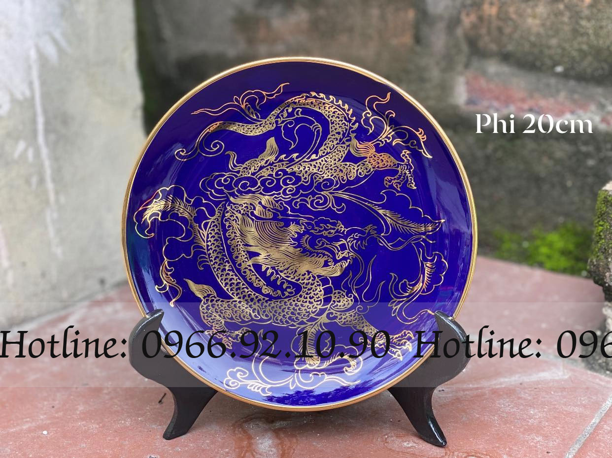 Đĩa Rồng Xanh Cobalt Phi 20cm Bát Tràng Quà Tặng Phong Thủy
