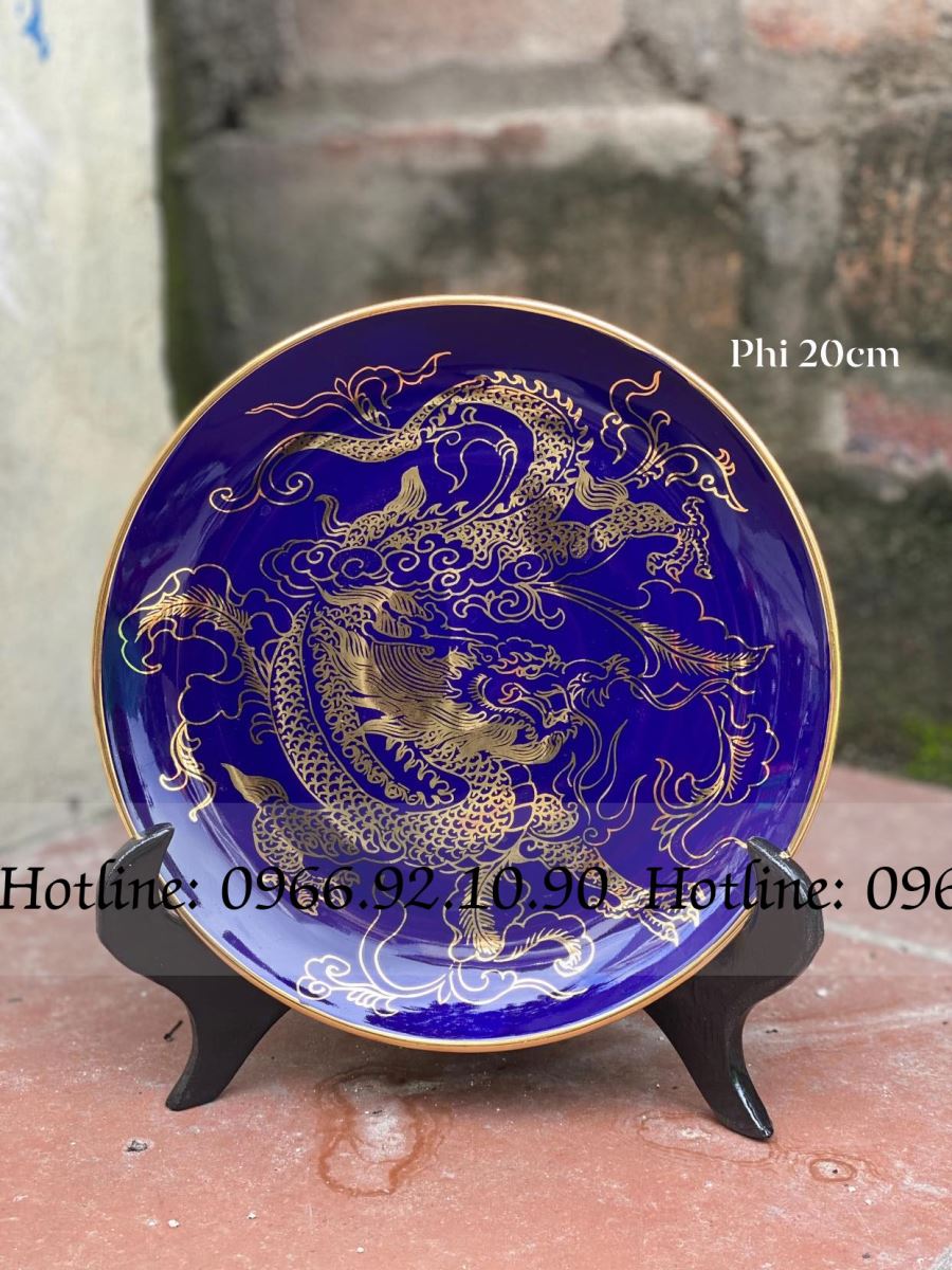 Đĩa Rồng Xanh Cobalt Phi 20cm Bát Tràng Quà Tặng Phong Thủy