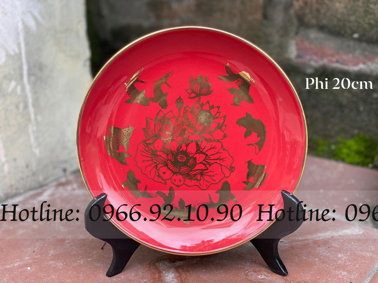 Đĩa trưng bày Cửu Ngư đỏ 20cm Bát Tràng quà tặng cao cấp