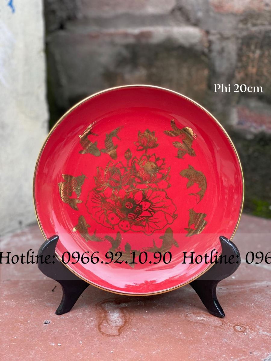 Đĩa trưng bày Cửu Ngư đỏ 20cm Bát Tràng quà tặng cao cấp 