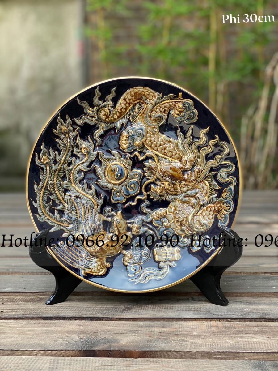 Đĩa cảnh Rồng Phượng đắp nổi vàng Bát Tràng D30cm sang trọng
