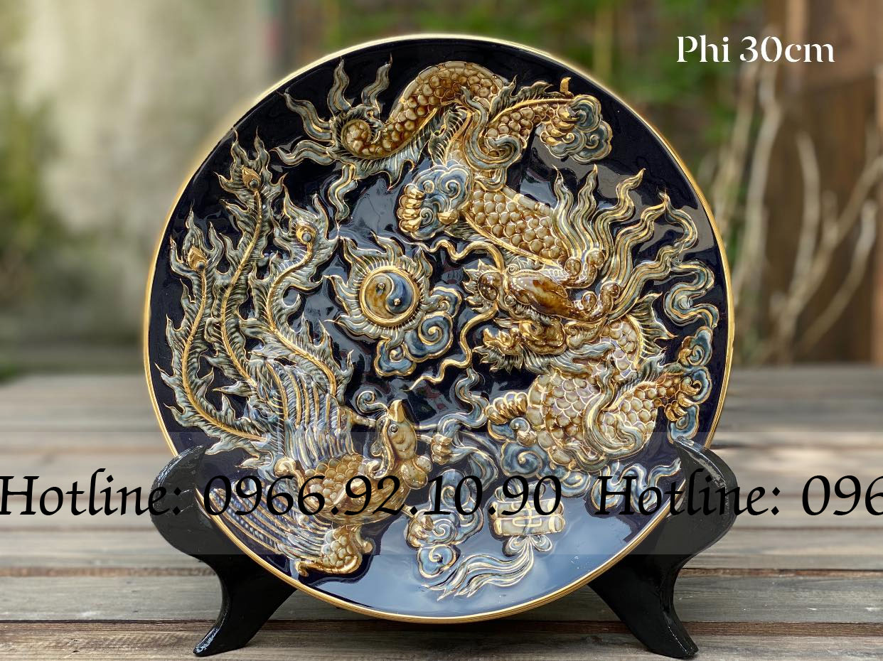 Đĩa cảnh Rồng Phượng đắp nổi vàng Bát Tràng D30cm sang trọng