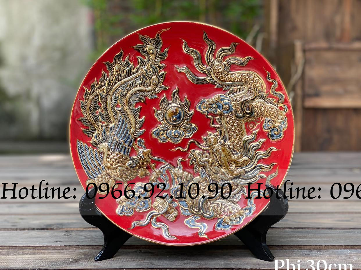 Đĩa cảnh Rồng Phượng đắp nổi vàng đỏ Phi 30cm quà tặng sang trọng