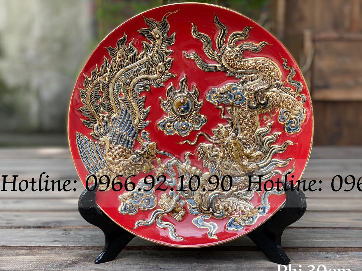 Đĩa cảnh Rồng Phượng đắp nổi vàng đỏ Phi 30cm quà tặng sang trọng