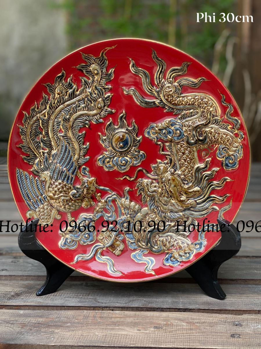 Đĩa cảnh Rồng Phượng đắp nổi vàng đỏ Phi 30cm quà tặng sang trọng