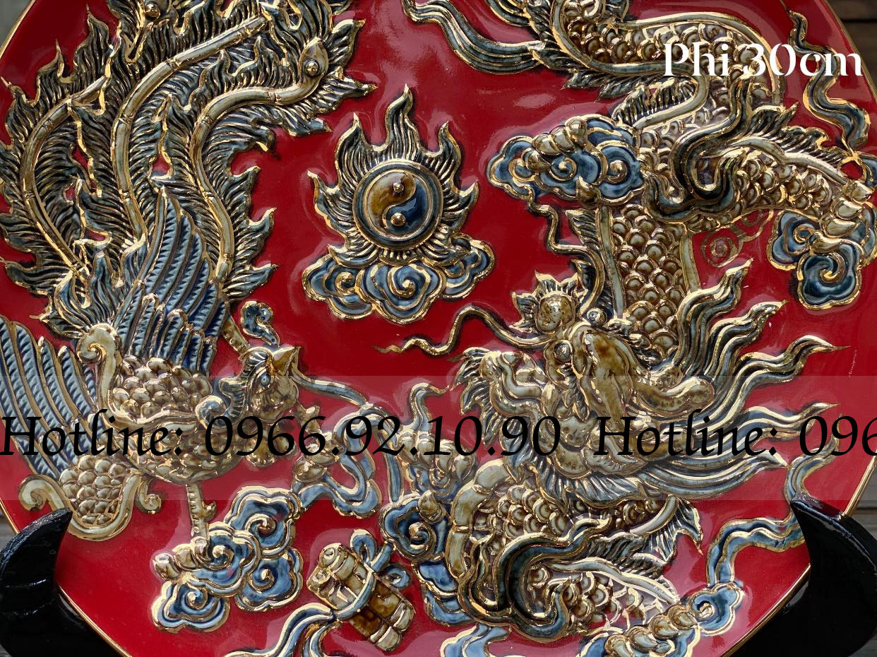 Đĩa cảnh Rồng Phượng đắp nổi vàng đỏ Phi 30cm quà tặng sang trọng