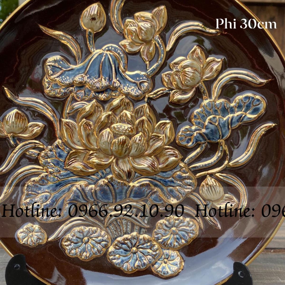 Đĩa trang trí hoa sen 30cm đắp nổi vẽ vàng sang trọng quà tặng