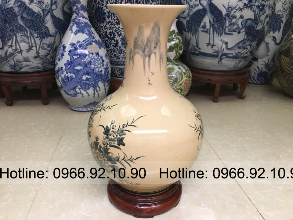 Lọ tỏi men rạn vàng chim công cao cấp H48 D30cm Phong thủy may mắn 