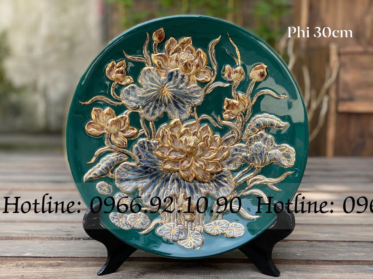 Đĩa cảnh hoa sen đắp nổi xanh lá vàng 30cm gốm Bát Tràng