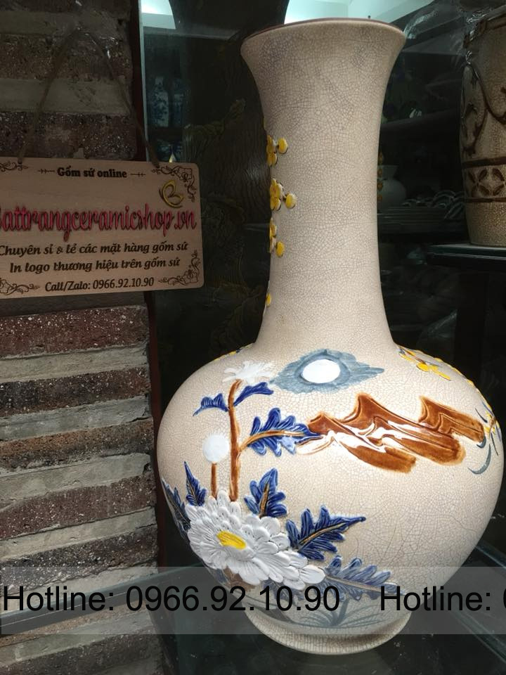 Lọ tỏi men rạn chim công đắp nổi Bát Tràng quà tặng phong thủy 
