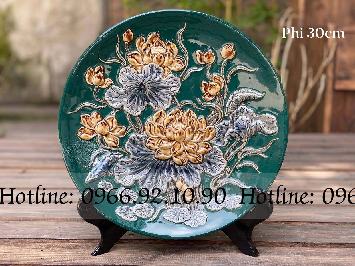Đĩa cảnh hoa sen xanh lục đẹp Bát Tràng 30cm sang trọng