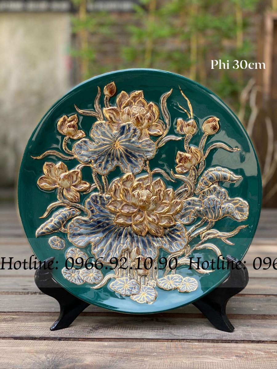 Đĩa cảnh hoa sen xanh lục đẹp Bát Tràng 30cm sang trọng 