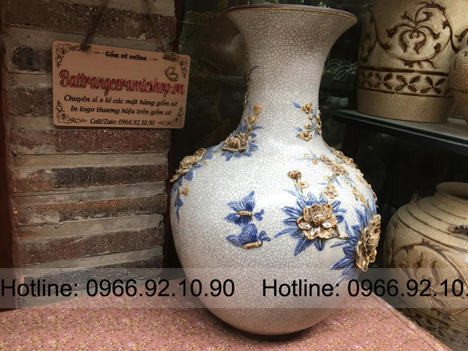 Lọ tỏi men rạn đắp nổi công đào Bát Tràng cao cấp H55xD35cm 